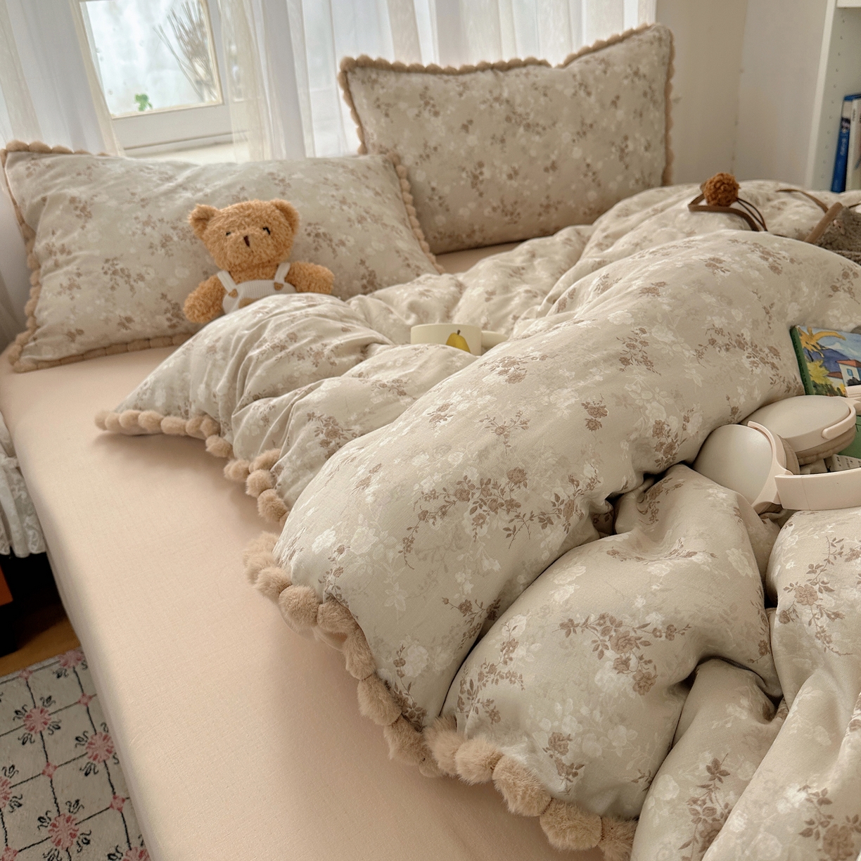 91家纺网 家纺一手货源 找家纺 （总）Sweet dreams甜梦 2026春夏新款全棉纯棉双层纱毛球款四件套