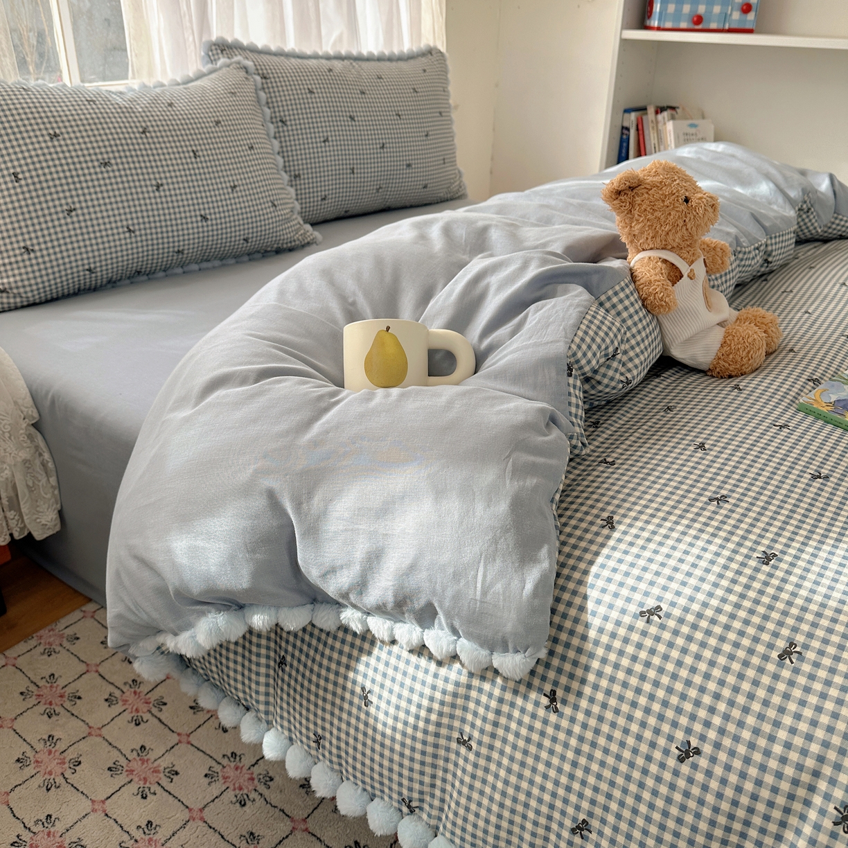 91家纺网 家纺一手货源 找家纺 Sweet dreams甜梦 2026春夏新款全棉纯棉双层纱毛球款四件套 千颂伊蓝