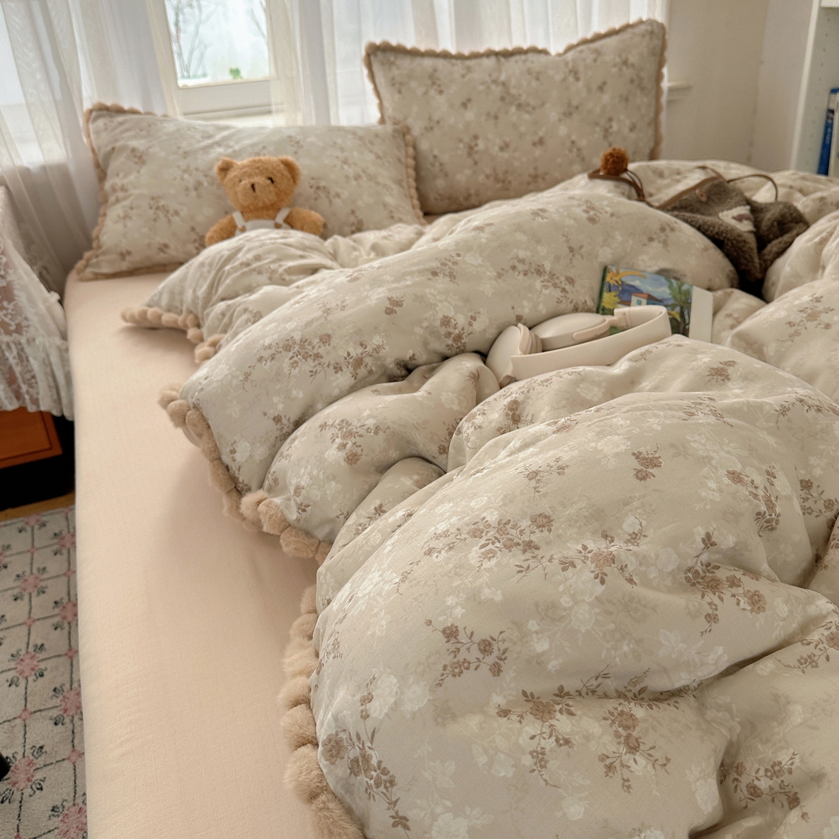 91家纺网 家纺一手货源 找家纺 （总）Sweet dreams甜梦 2026春夏新款全棉纯棉双层纱毛球款四件套