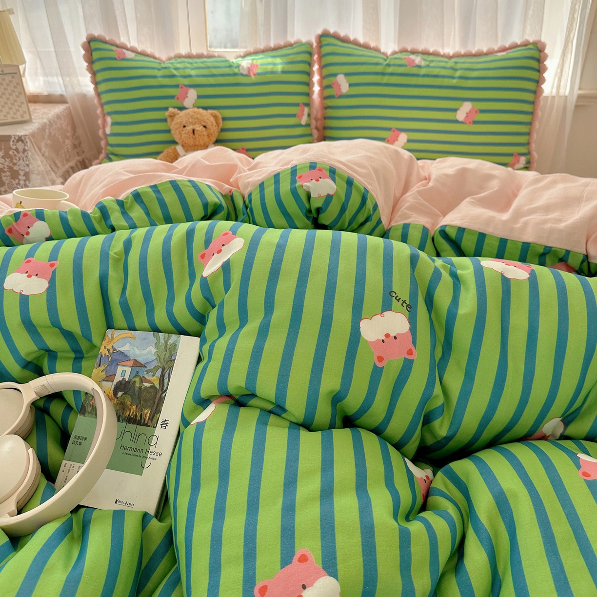 91家纺网 家纺一手货源 找家纺 Sweet dreams甜梦 2026春夏新款全棉纯棉双层纱毛球款四件套 条纹小狗仔