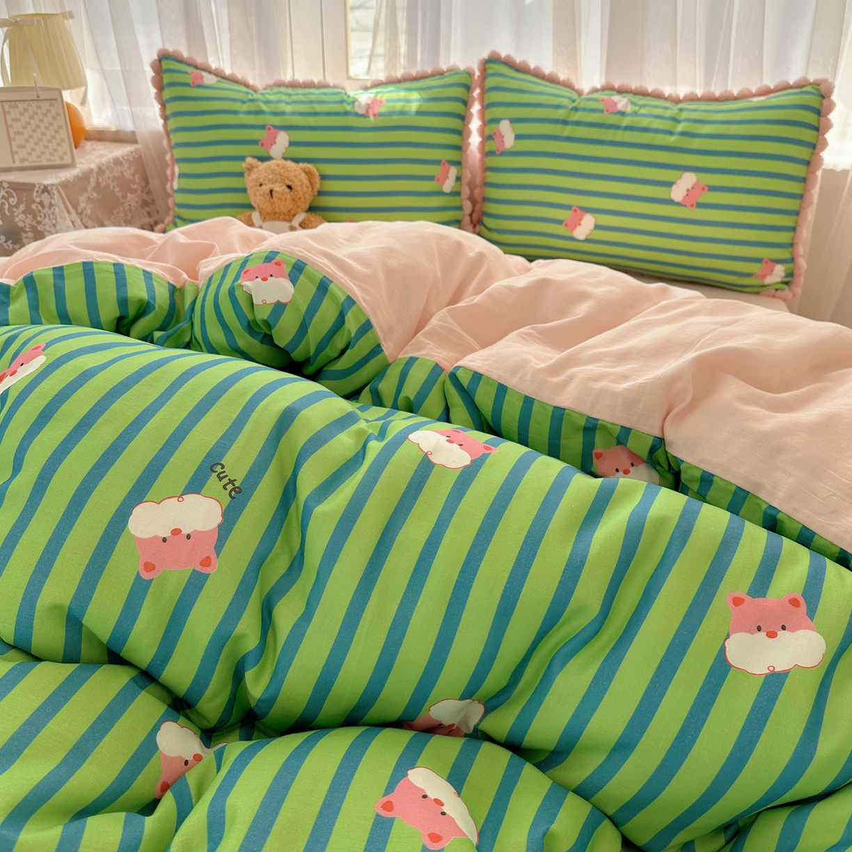 Sweet dreams甜梦 2026春夏新款全棉纯棉双层纱毛球款四件套 条纹小狗仔