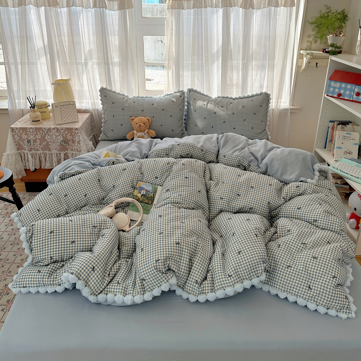 91家纺网 家纺一手货源 找家纺 Sweet dreams甜梦 2026春夏新款全棉纯棉双层纱毛球款四件套 千颂伊蓝