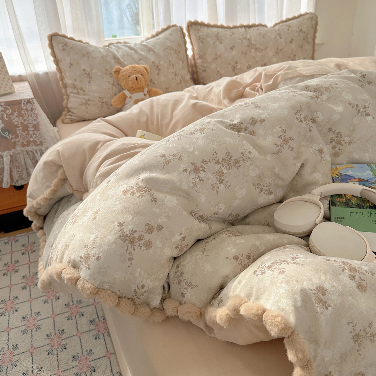 91家纺网 家纺一手货源 找家纺 （总）Sweet dreams甜梦 2026春夏新款全棉纯棉双层纱毛球款四件套