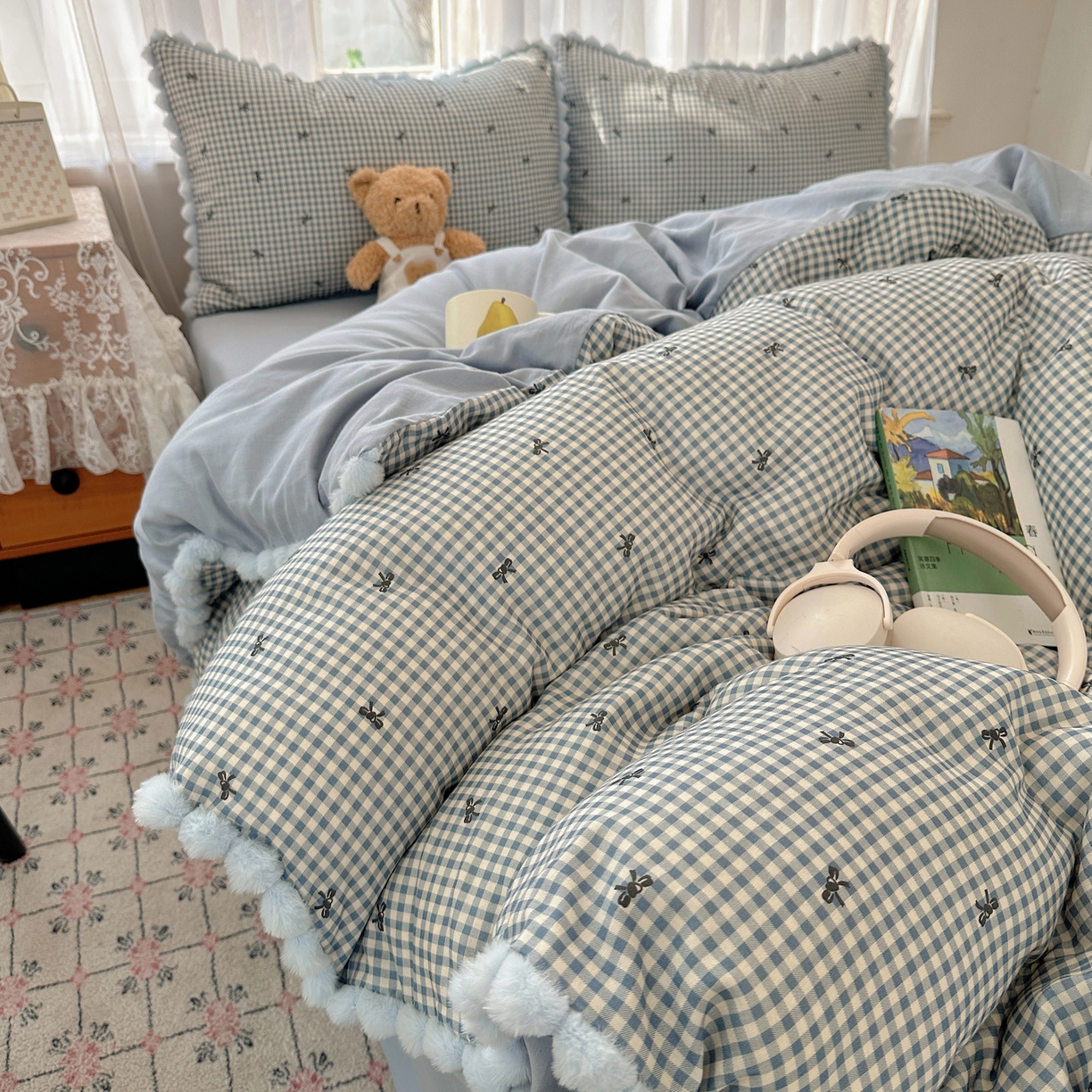 91家纺网 家纺一手货源 找家纺 Sweet dreams甜梦 2026春夏新款全棉纯棉双层纱毛球款四件套 千颂伊蓝