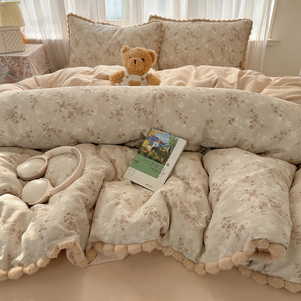 91家纺网 家纺一手货源 找家纺 （总）Sweet dreams甜梦 2026春夏新款全棉纯棉双层纱毛球款四件套