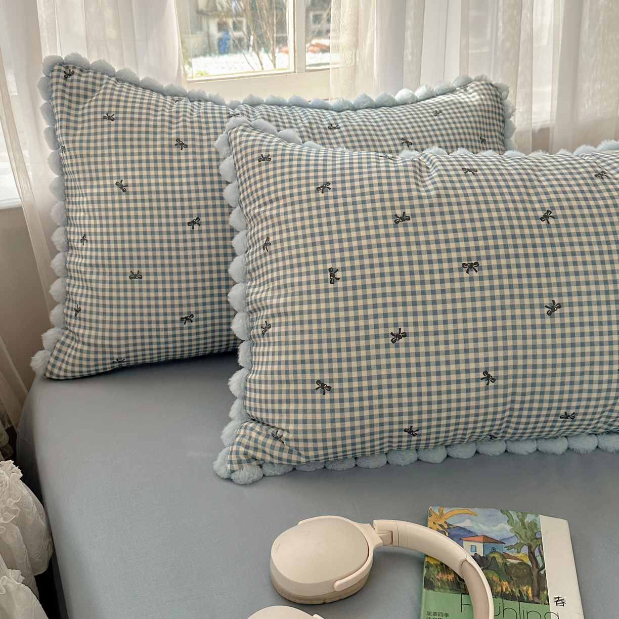 91家纺网 家纺一手货源 找家纺 Sweet dreams甜梦 2026春夏新款全棉纯棉双层纱毛球款四件套 千颂伊蓝