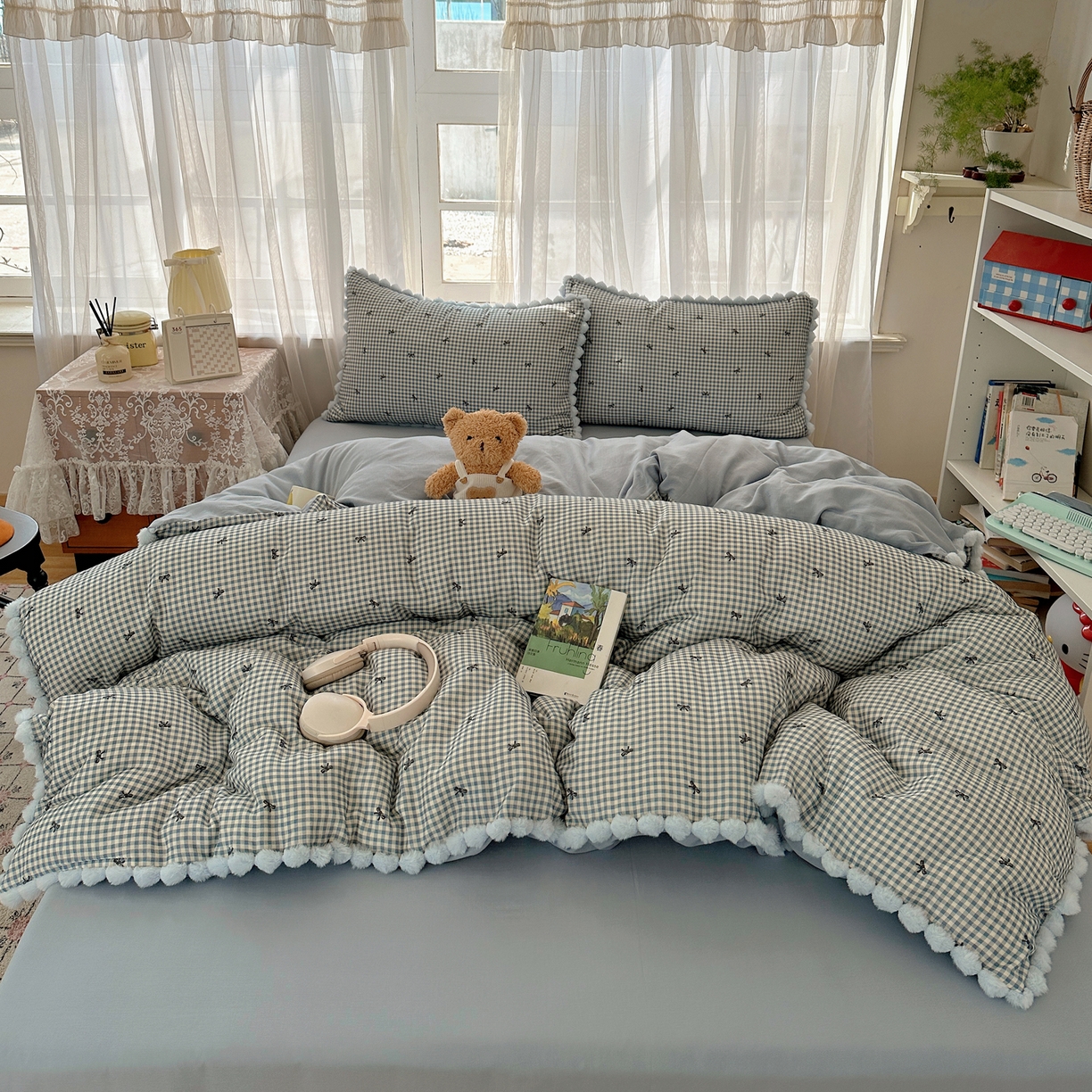 91家纺网 家纺一手货源 找家纺 Sweet dreams甜梦 2026春夏新款全棉纯棉双层纱毛球款四件套 千颂伊蓝