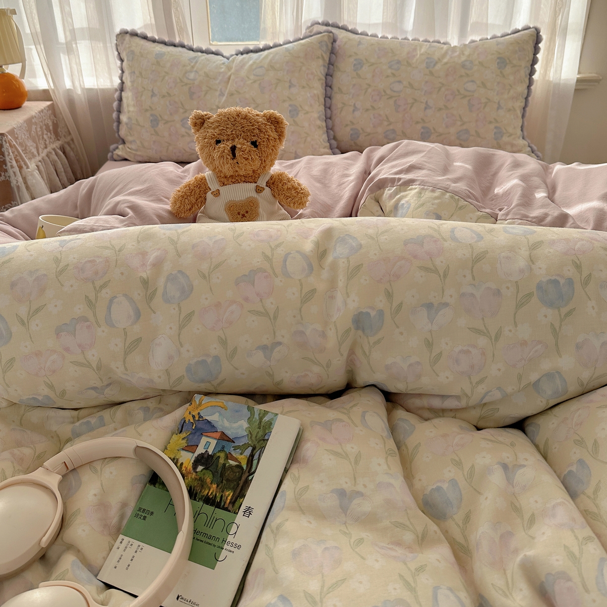 91家纺网 家纺一手货源 找家纺 Sweet dreams甜梦 2026春夏新款全棉纯棉双层纱毛球款四件套 郁金花海