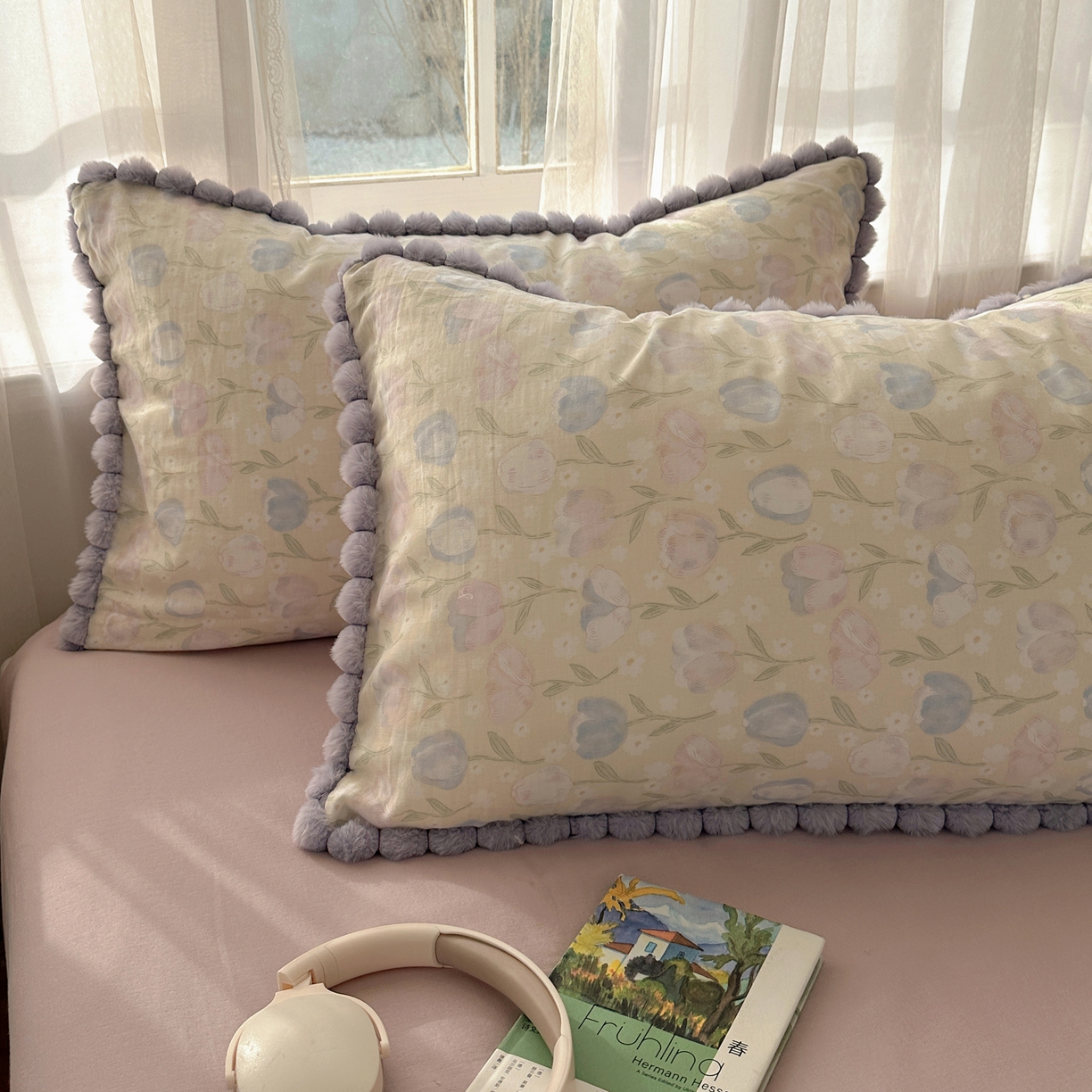 91家纺网 家纺一手货源 找家纺 Sweet dreams甜梦 2026春夏新款全棉纯棉双层纱毛球款四件套 郁金花海