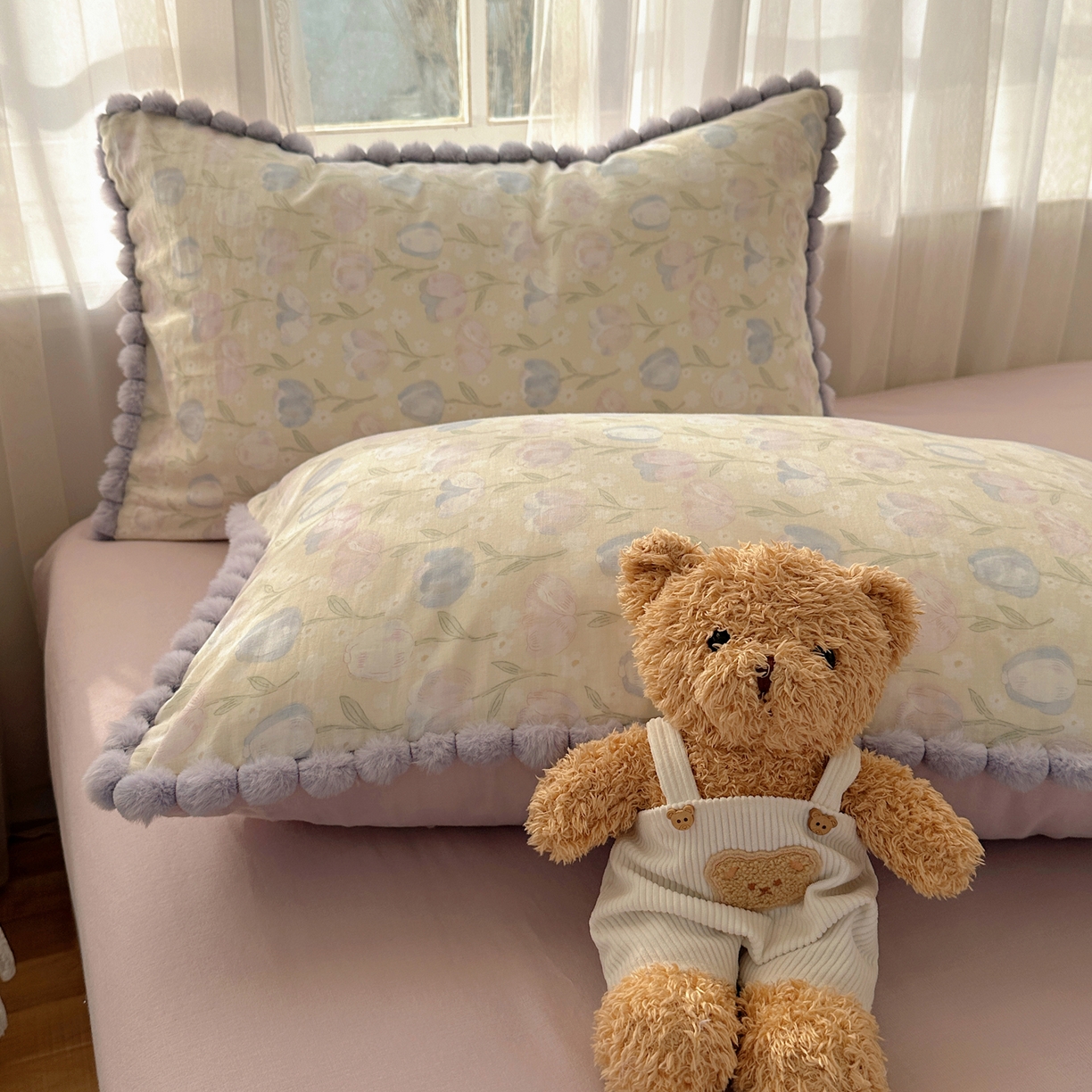 91家纺网 家纺一手货源 找家纺 Sweet dreams甜梦 2026春夏新款全棉纯棉双层纱毛球款四件套 郁金花海