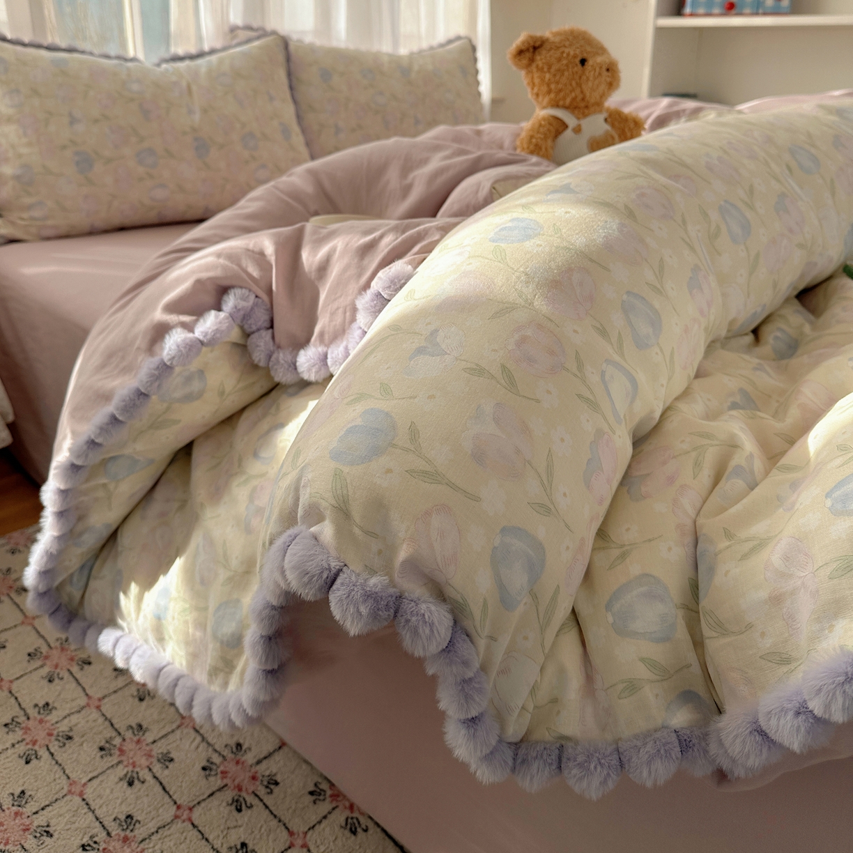 91家纺网 家纺一手货源 找家纺 Sweet dreams甜梦 2026春夏新款全棉纯棉双层纱毛球款四件套 郁金花海