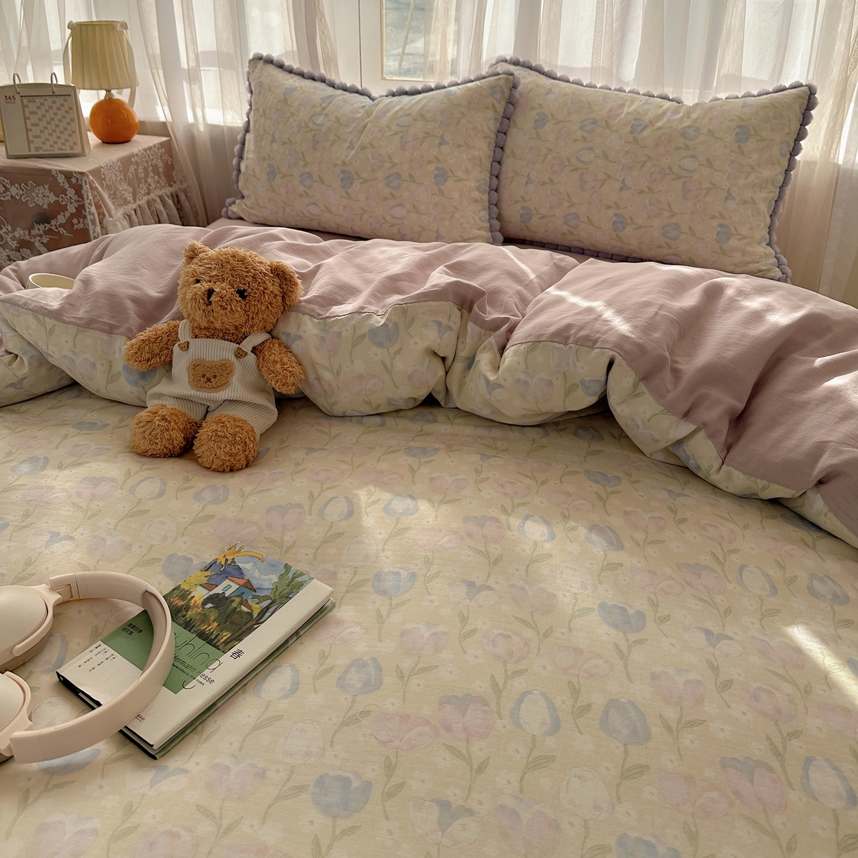 91家纺网 家纺一手货源 找家纺 Sweet dreams甜梦 2026春夏新款全棉纯棉双层纱毛球款四件套 郁金花海