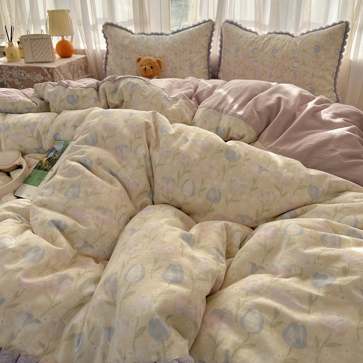 91家纺网 家纺一手货源 找家纺 Sweet dreams甜梦 2026春夏新款全棉纯棉双层纱毛球款四件套 郁金花海