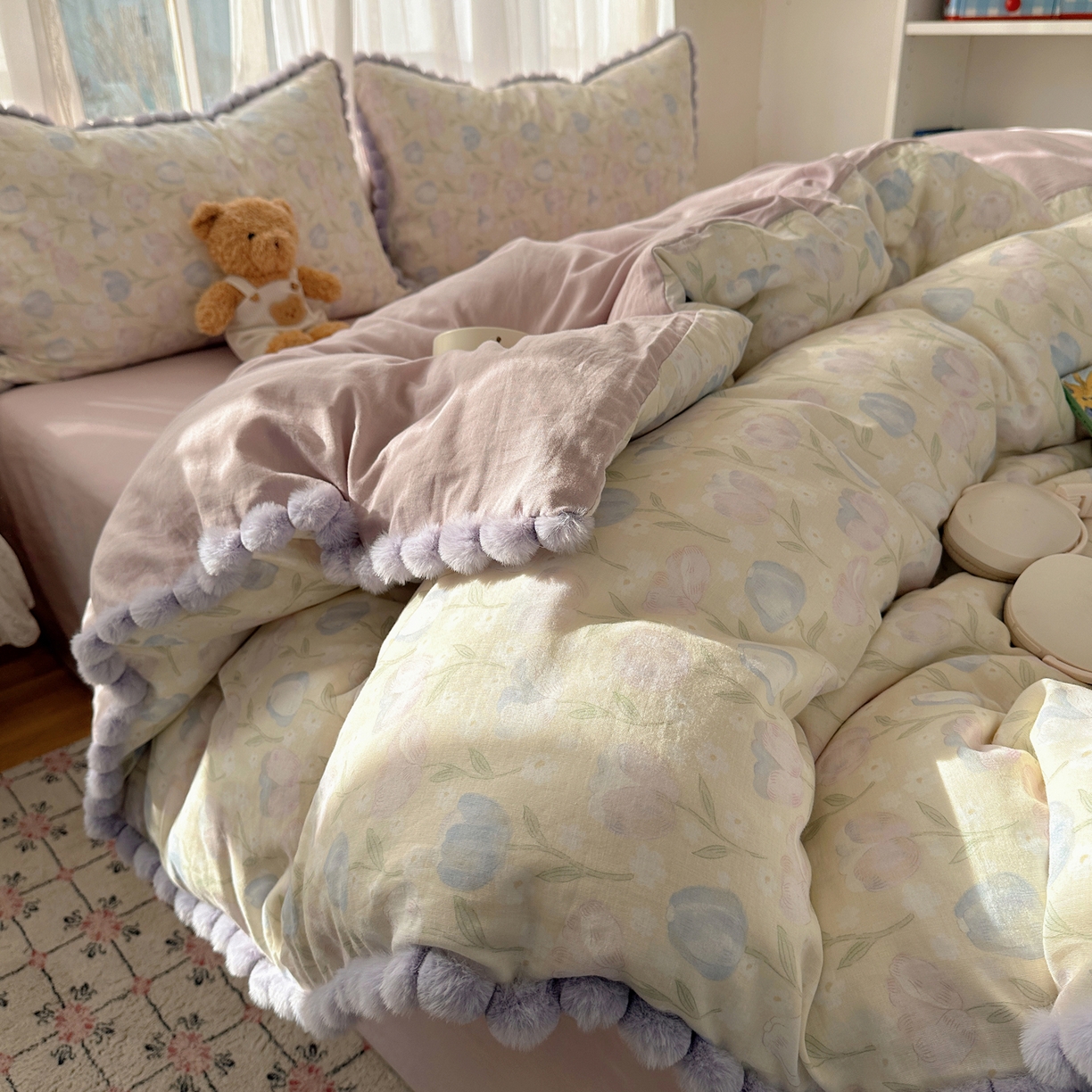 91家纺网 家纺一手货源 找家纺 Sweet dreams甜梦 2026春夏新款全棉纯棉双层纱毛球款四件套 郁金花海