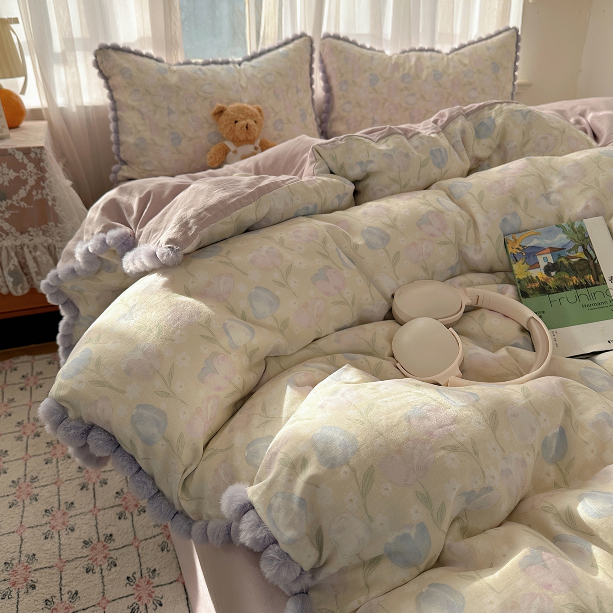 91家纺网 家纺一手货源 找家纺 Sweet dreams甜梦 2026春夏新款全棉纯棉双层纱毛球款四件套 郁金花海