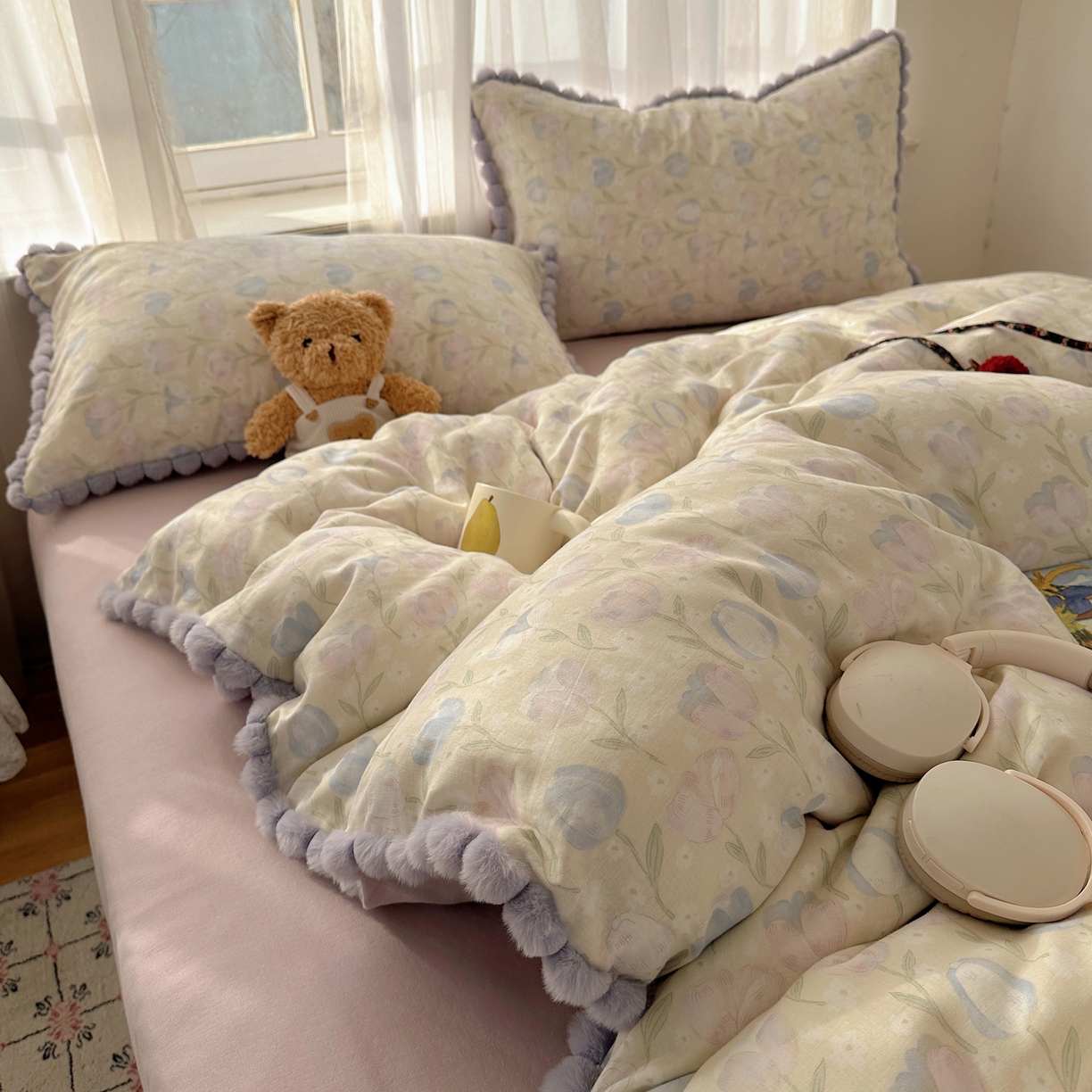 91家纺网 家纺一手货源 找家纺 Sweet dreams甜梦 2026春夏新款全棉纯棉双层纱毛球款四件套 郁金花海