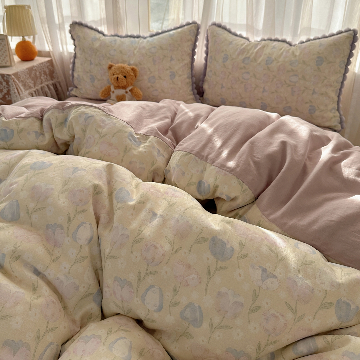 91家纺网 家纺一手货源 找家纺 Sweet dreams甜梦 2026春夏新款全棉纯棉双层纱毛球款四件套 郁金花海