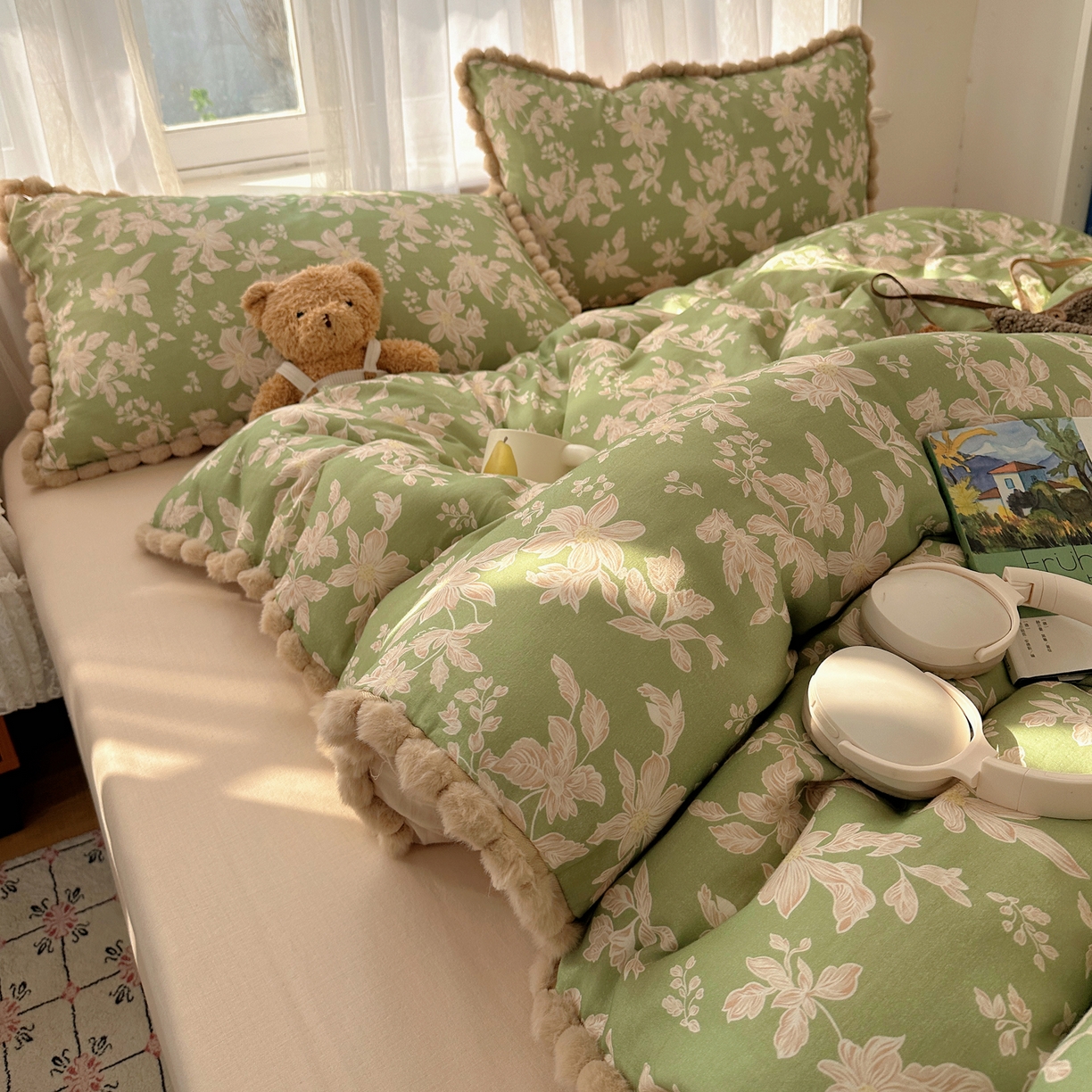 91家纺网 家纺一手货源 找家纺 Sweet dreams甜梦 2026春夏新款全棉纯棉双层纱毛球款四件套 温婉花语