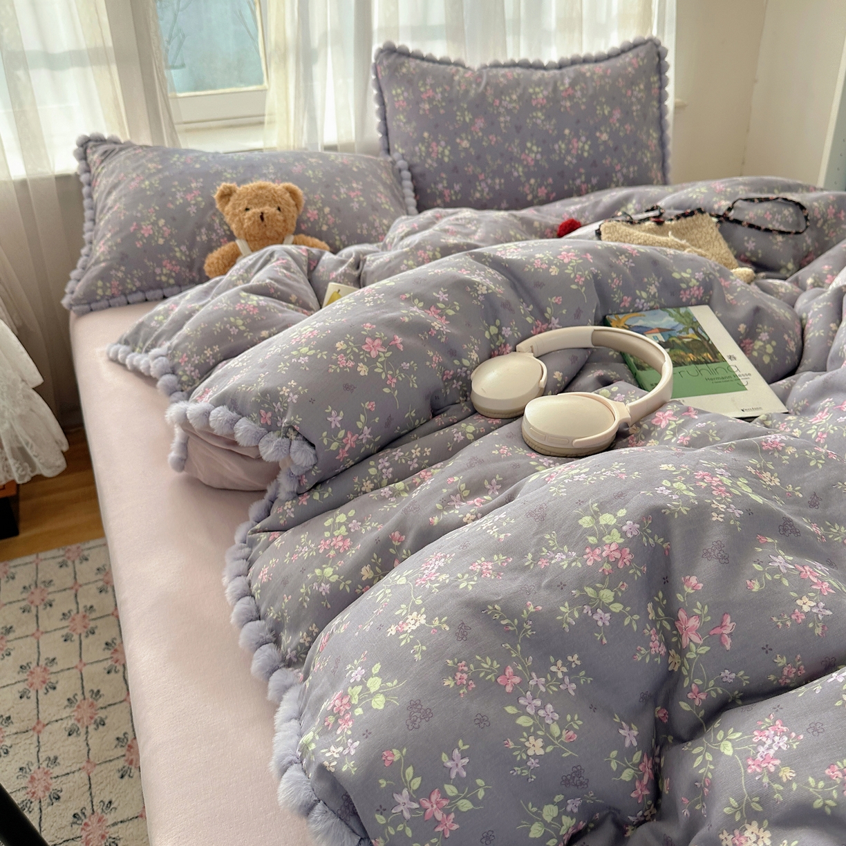 91家纺网 家纺一手货源 找家纺 Sweet dreams甜梦 2026春夏新款全棉纯棉双层纱毛球款四件套 花梦时