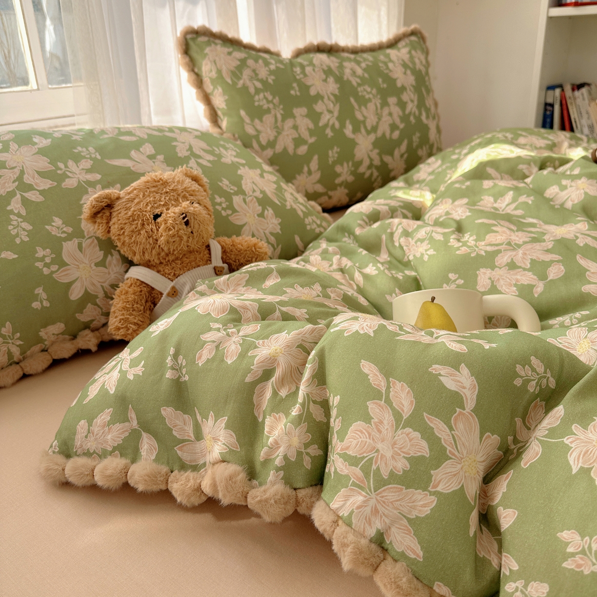 91家纺网 家纺一手货源 找家纺 Sweet dreams甜梦 2026春夏新款全棉纯棉双层纱毛球款四件套 温婉花语