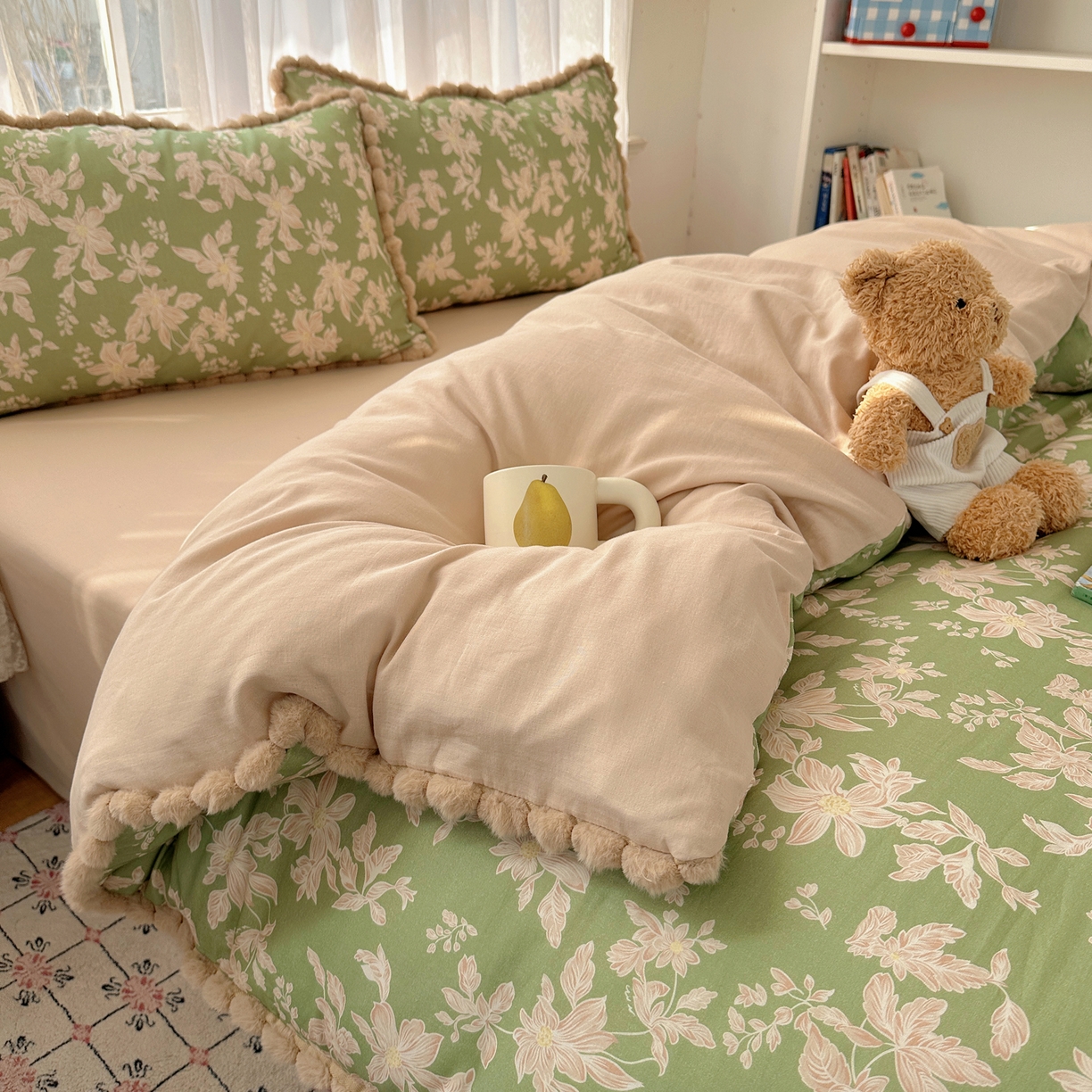 91家纺网 家纺一手货源 找家纺 Sweet dreams甜梦 2026春夏新款全棉纯棉双层纱毛球款四件套 温婉花语