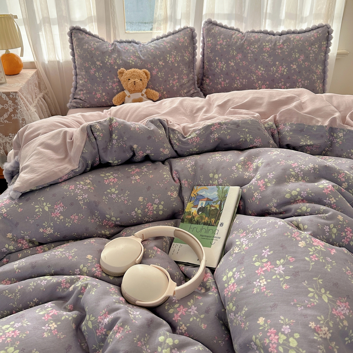 91家纺网 家纺一手货源 找家纺 Sweet dreams甜梦 2026春夏新款全棉纯棉双层纱毛球款四件套 花梦时