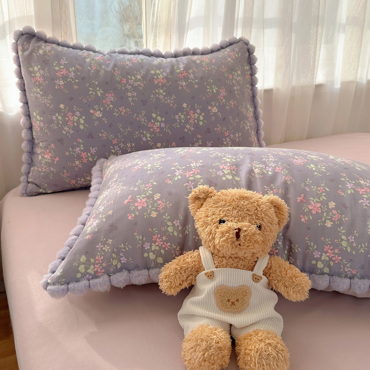 91家纺网 家纺一手货源 找家纺 Sweet dreams甜梦 2026春夏新款全棉纯棉双层纱毛球款四件套 花梦时