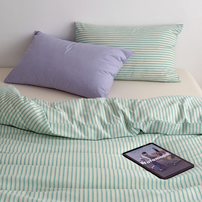 91家纺网 家纺一手货源 找家纺 玖弘家居 2026新款全棉水洗棉色织条纹四件套系列【控价1.2-149  1.5/1.8-179  2.0-199】 翠兰条（翠兰条+淡紫）