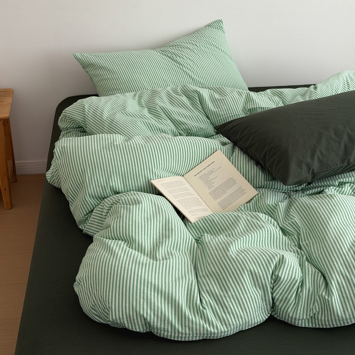 91家纺网 家纺一手货源 找家纺 玖弘家居 2026新款全棉水洗棉色织条纹四件套系列【控价1.2-149  1.5/1.8-179  2.0-199】 绿白条纹（绿白条+墨绿）