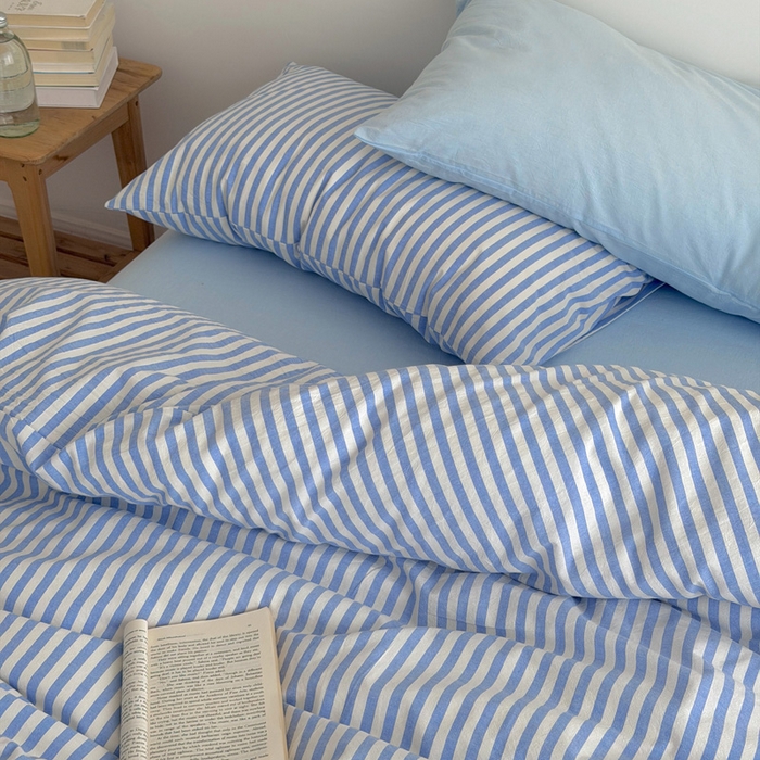 91家纺网 家纺一手货源 找家纺 玖弘家居 2026新款全棉水洗棉色织条纹四件套系列【控价1.2-149  1.5/1.8-179  2.0-199】 蓝白条纹（蓝白条+天蓝）