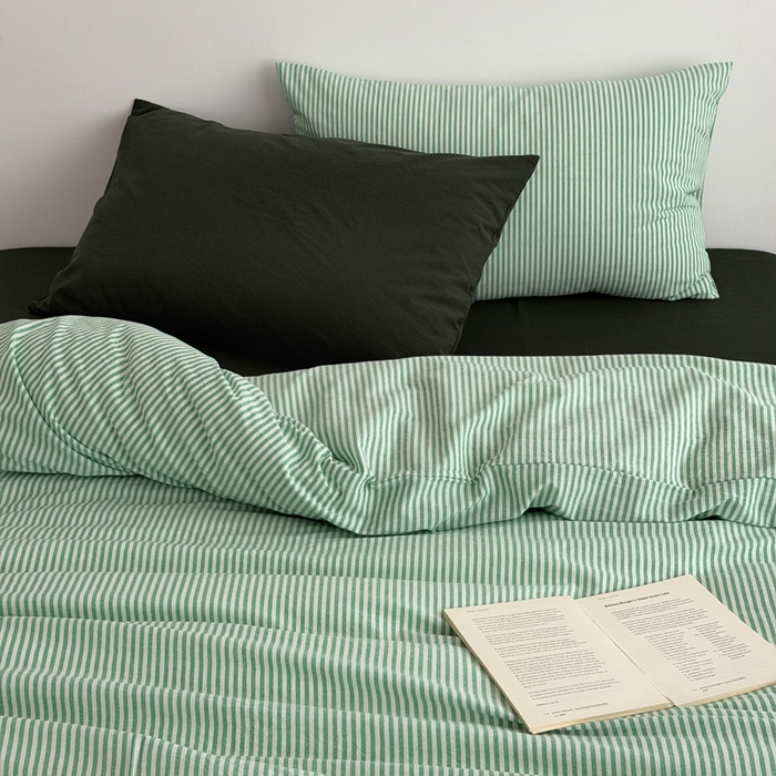 91家纺网 家纺一手货源 找家纺 玖弘家居 2026新款全棉水洗棉色织条纹四件套系列【控价1.2-149  1.5/1.8-179  2.0-199】 绿白条纹（绿白条+墨绿）