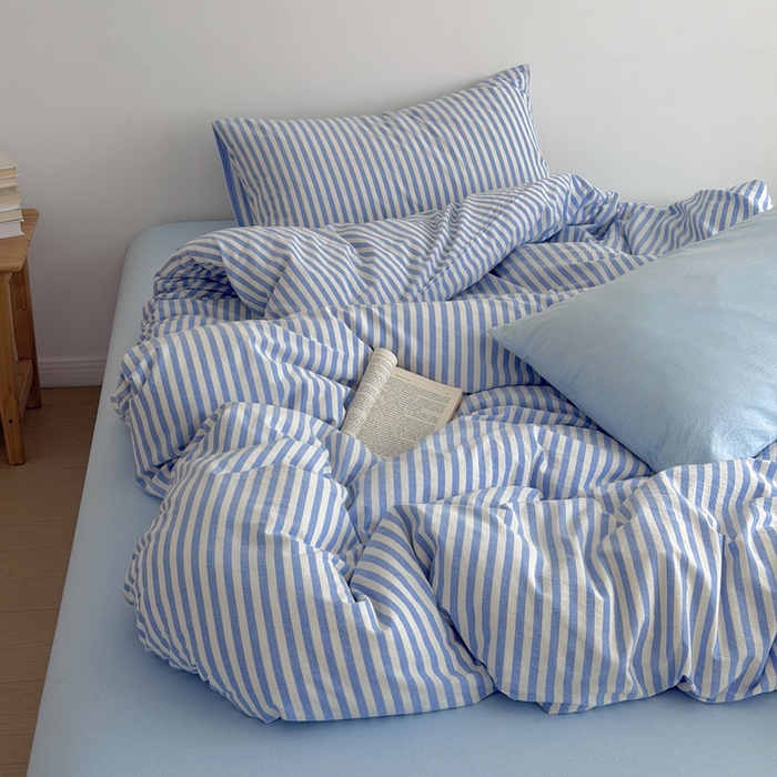 91家纺网 家纺一手货源 找家纺 玖弘家居 2026新款全棉水洗棉色织条纹四件套系列【控价1.2-149  1.5/1.8-179  2.0-199】 蓝白条纹（蓝白条+天蓝）