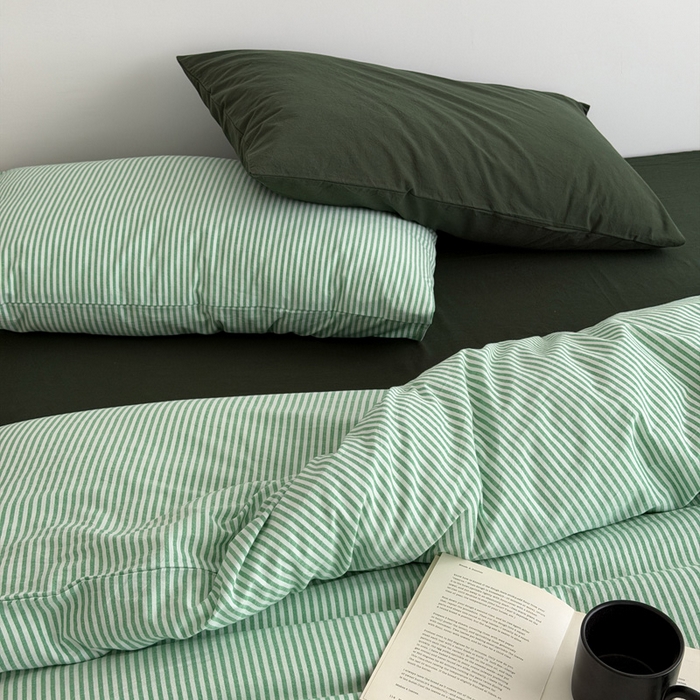 91家纺网 家纺一手货源 找家纺 玖弘家居 2026新款全棉水洗棉色织条纹四件套系列【控价1.2-149  1.5/1.8-179  2.0-199】 绿白条纹（绿白条+墨绿）