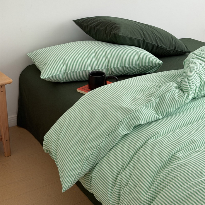 玖弘家居 2026新款全棉水洗棉色织条纹四件套系列【控价1.2-149  1.5/1.8-179  2.0-199】 绿白条纹（绿白条+墨绿）