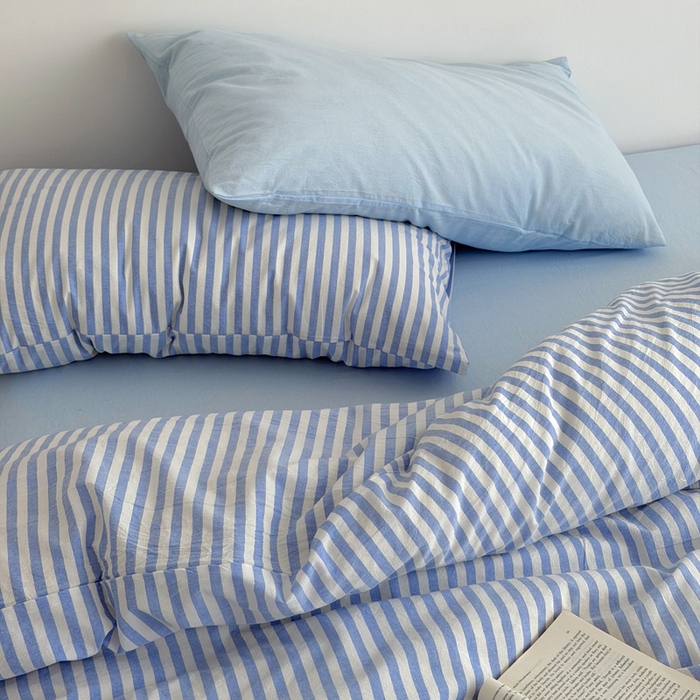 91家纺网 家纺一手货源 找家纺 玖弘家居 2026新款全棉水洗棉色织条纹四件套系列【控价1.2-149  1.5/1.8-179  2.0-199】 蓝白条纹（蓝白条+天蓝）