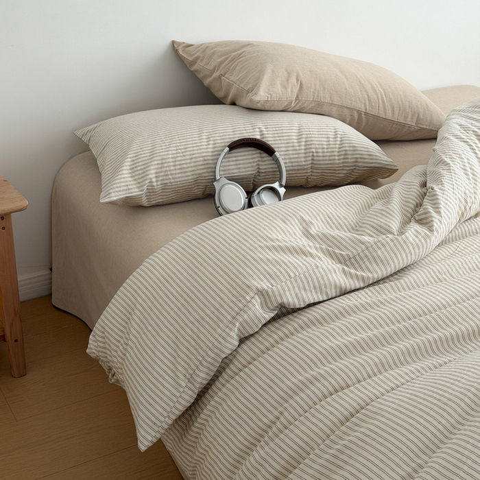 玖弘家居 2026新款全棉水洗棉色织条纹四件套系列【控价1.2-149  1.5/1.8-179  2.0-199】 米灰条纹（米灰条+卡其）