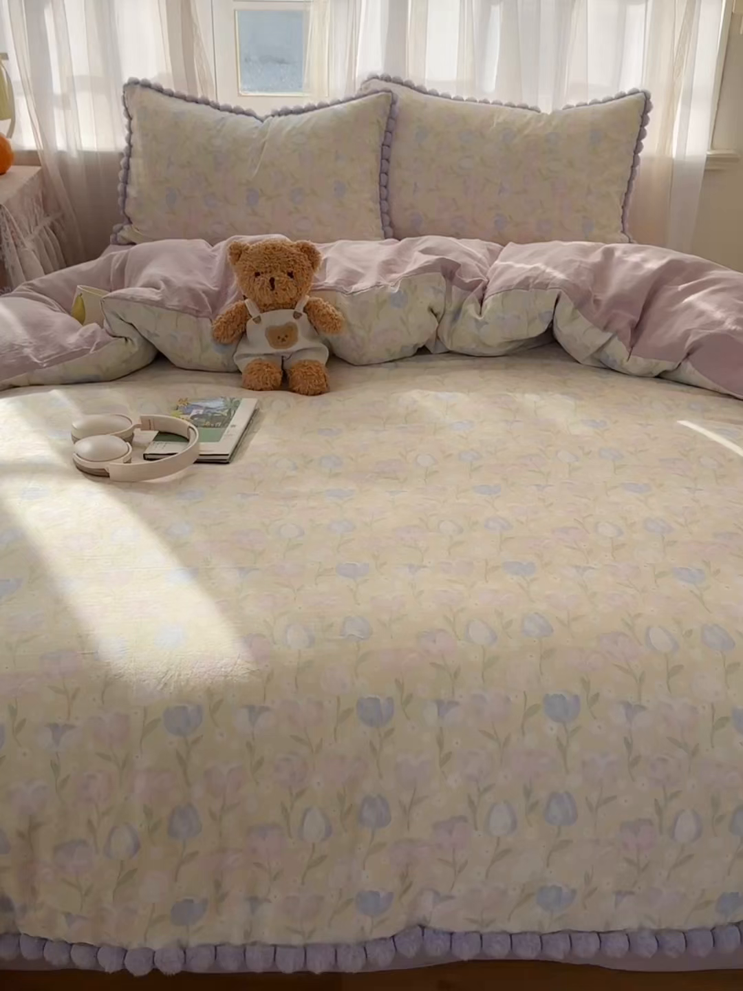 91家纺网 家纺一手货源 找家纺 Sweet dreams甜梦 2026春夏新款全棉纯棉双层纱毛球款四件套 郁金花海