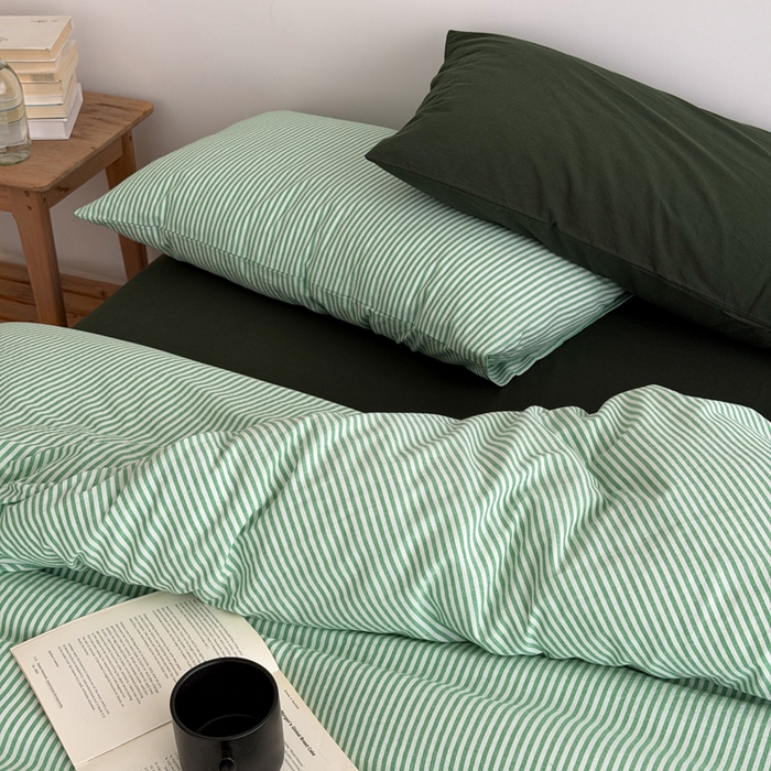 91家纺网 家纺一手货源 找家纺 玖弘家居 2026新款全棉水洗棉色织条纹四件套系列【控价1.2-149  1.5/1.8-179  2.0-199】 绿白条纹（绿白条+墨绿）