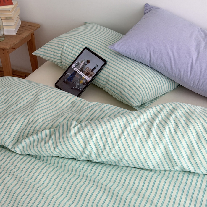 91家纺网 家纺一手货源 找家纺 玖弘家居 2026新款全棉水洗棉色织条纹四件套系列【控价1.2-149  1.5/1.8-179  2.0-199】 翠兰条（翠兰条+淡紫）