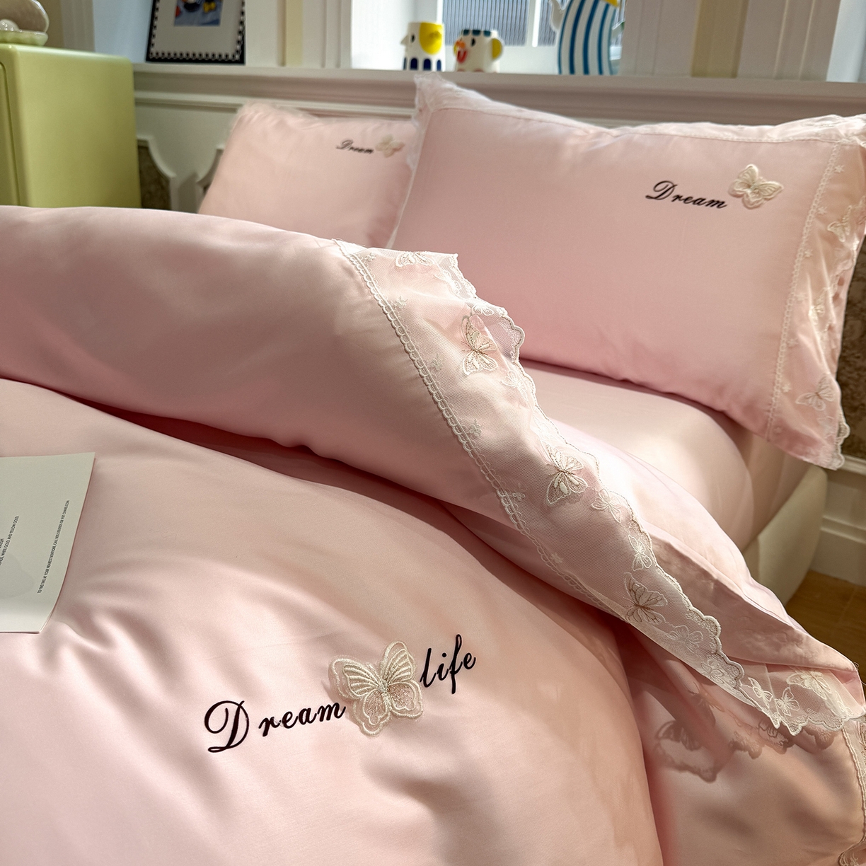 91家纺网 家纺一手货源 找家纺 （总）繁花家居 2026春夏新款冰丝蝴蝶系列凉感蕾丝花边公主风四件套-浅夏