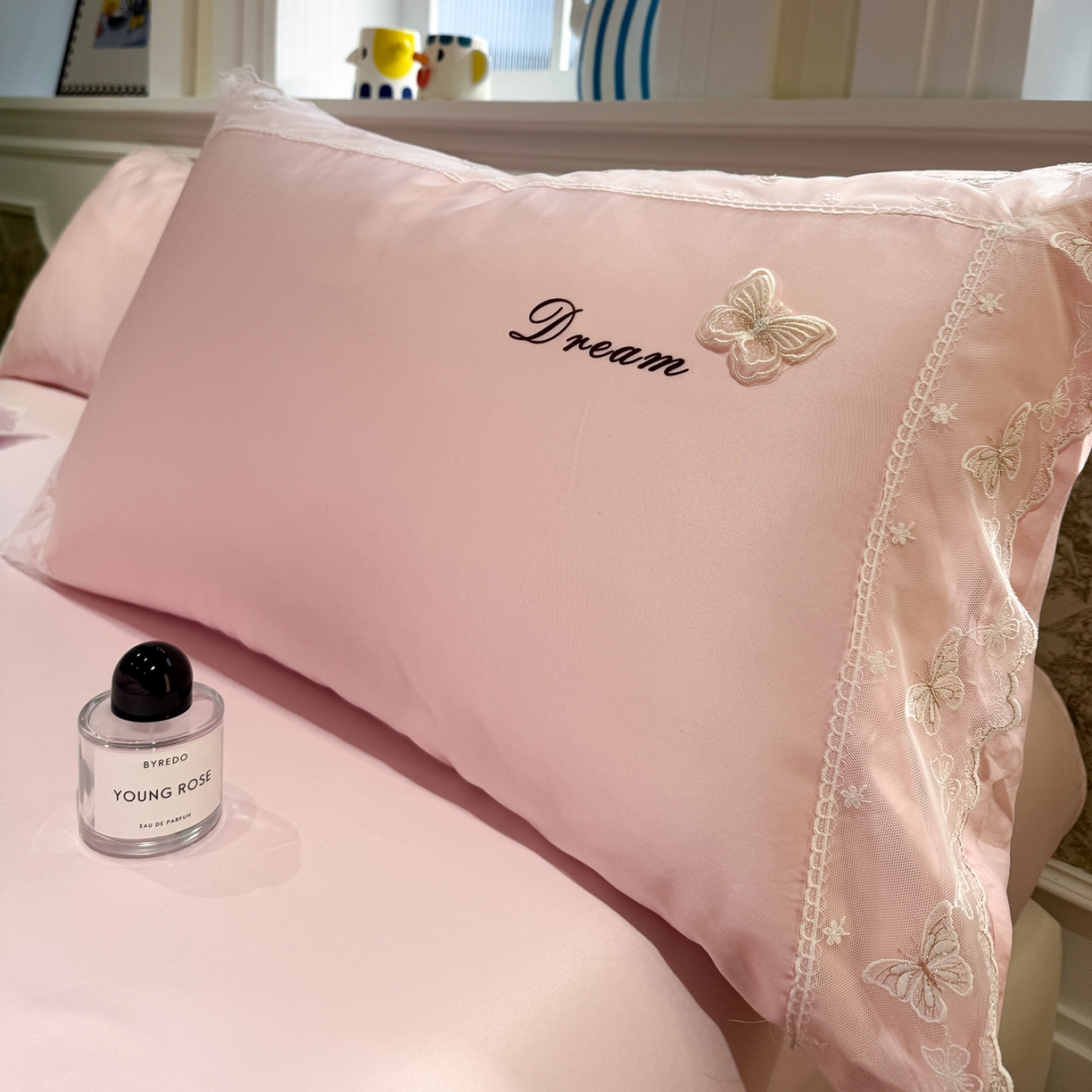 91家纺网 家纺一手货源 找家纺 （总）繁花家居 2026春夏新款冰丝蝴蝶系列凉感蕾丝花边公主风四件套-浅夏