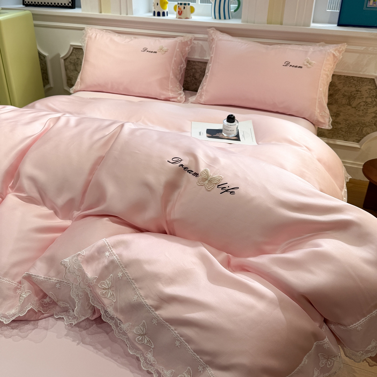 91家纺网 家纺一手货源 找家纺 （总）繁花家居 2026春夏新款冰丝蝴蝶系列凉感蕾丝花边公主风四件套-浅夏