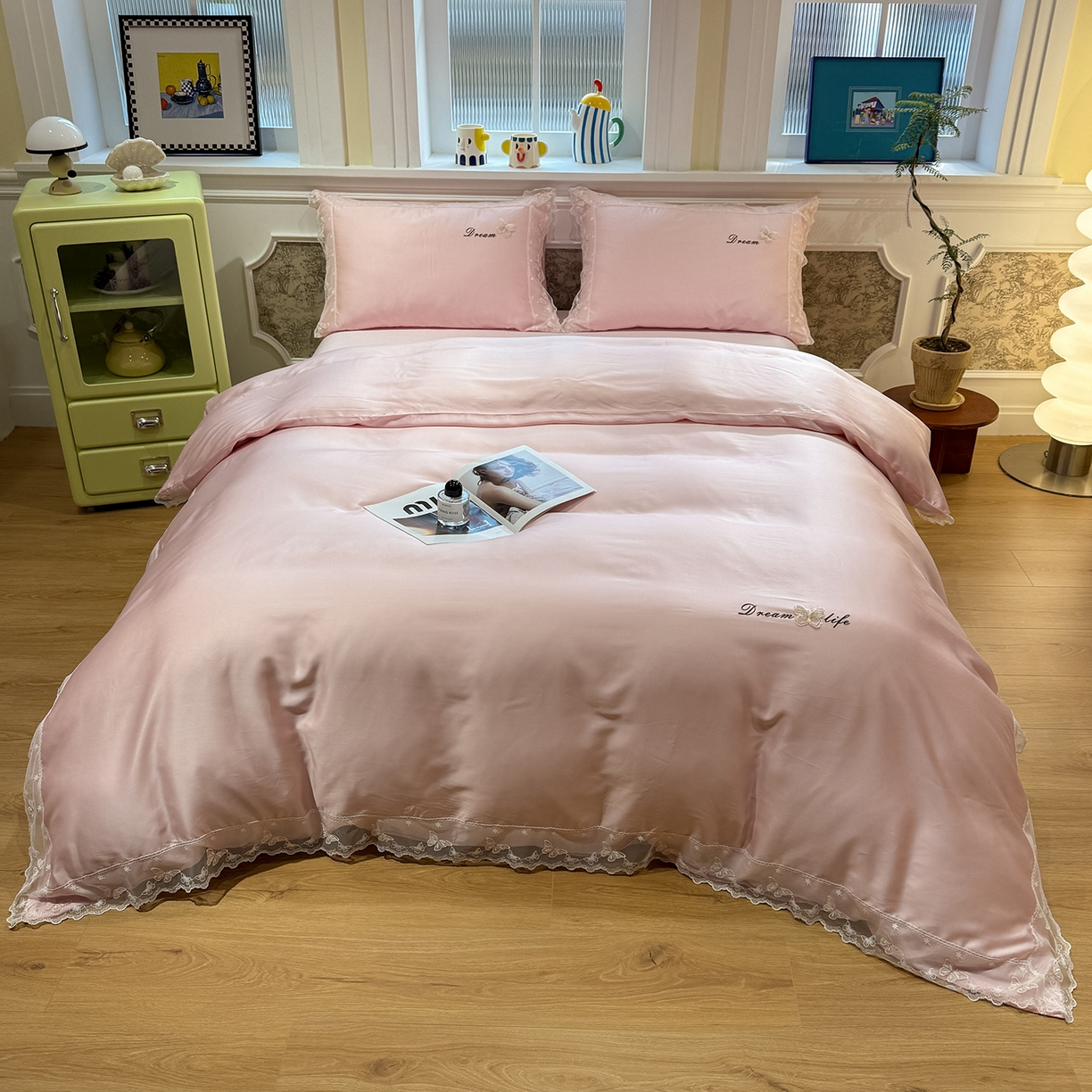 91家纺网 家纺一手货源 找家纺 （总）繁花家居 2026春夏新款冰丝蝴蝶系列凉感蕾丝花边公主风四件套-浅夏