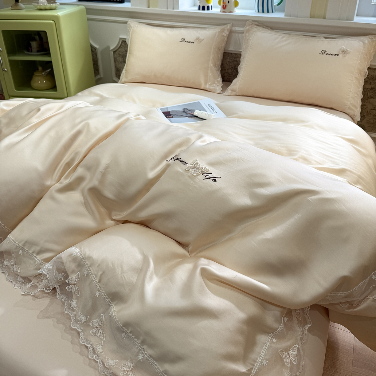 91家纺网 家纺一手货源 找家纺 繁花家居 2026春夏新款冰丝蝴蝶系列凉感蕾丝花边公主风四件套-浅夏 浅夏-香槟