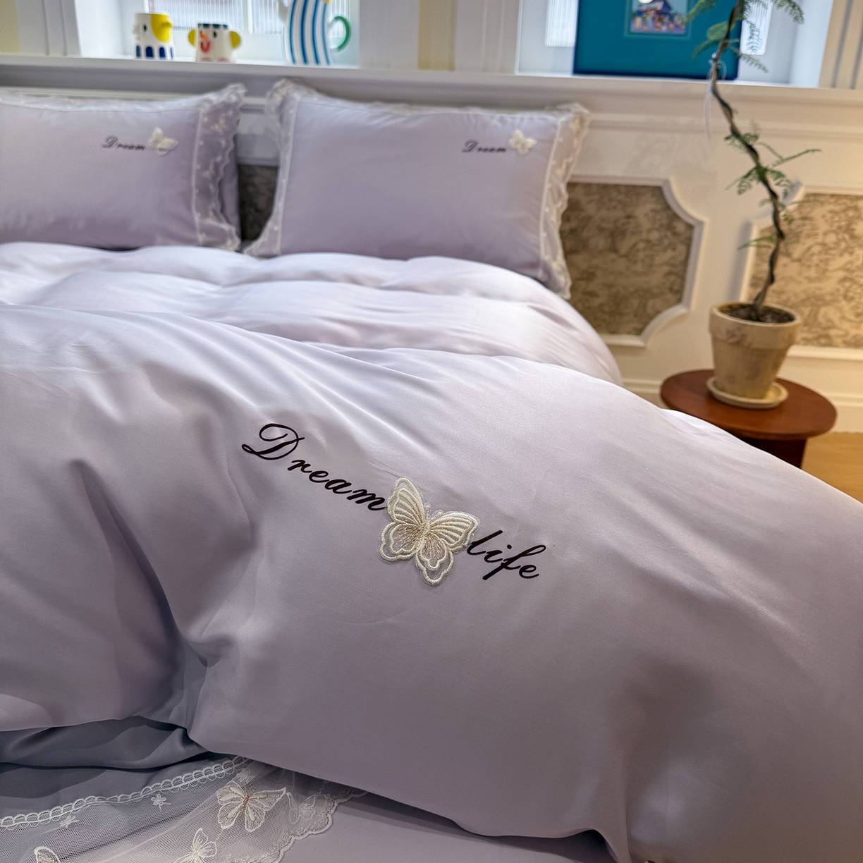 91家纺网 家纺一手货源 找家纺 繁花家居 2026春夏新款冰丝蝴蝶系列凉感蕾丝花边公主风四件套-浅夏 浅夏-紫