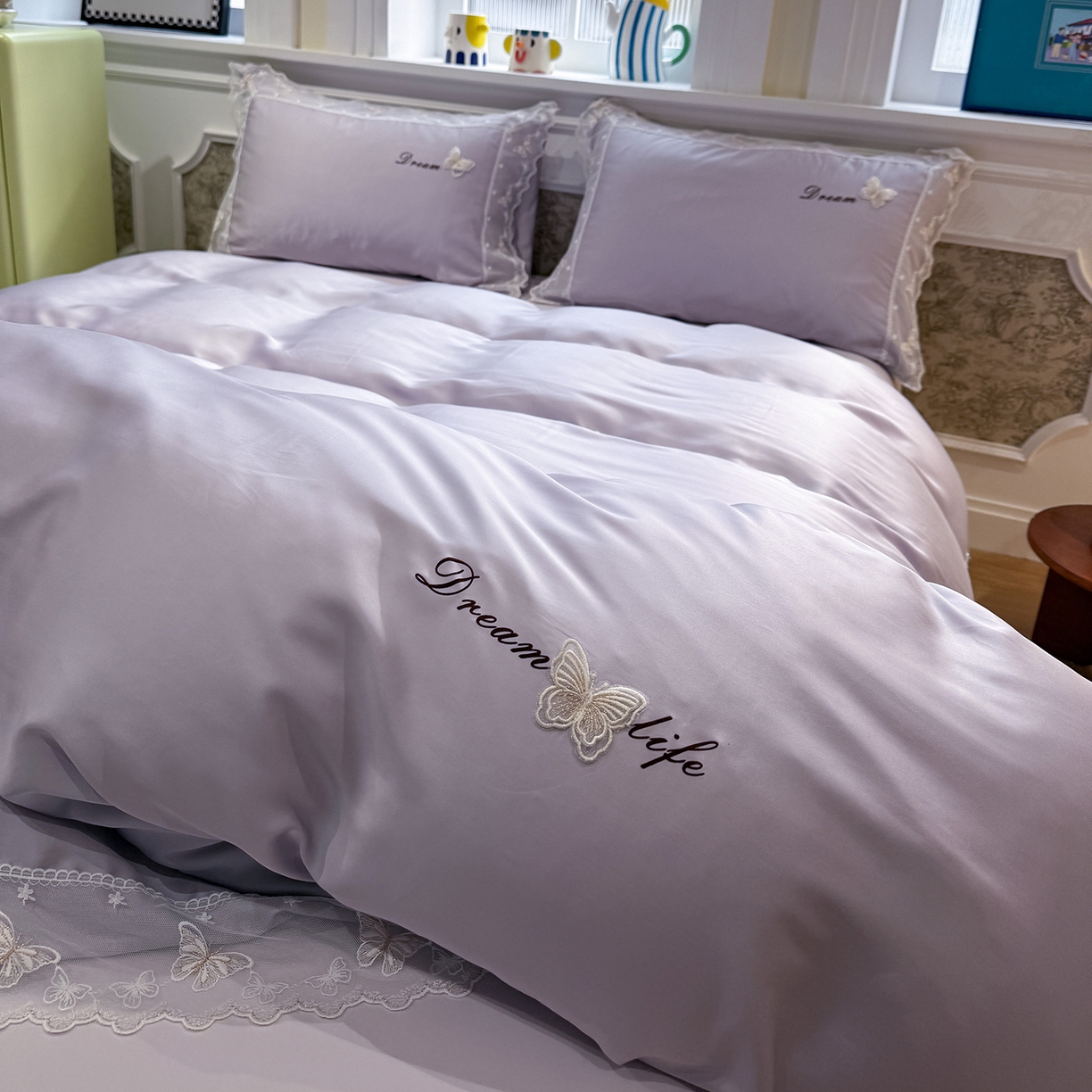 91家纺网 家纺一手货源 找家纺 繁花家居 2026春夏新款冰丝蝴蝶系列凉感蕾丝花边公主风四件套-浅夏 浅夏-紫