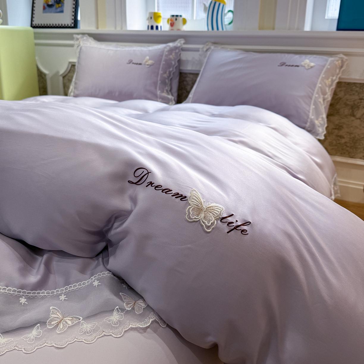 91家纺网 家纺一手货源 找家纺 繁花家居 2026春夏新款冰丝蝴蝶系列凉感蕾丝花边公主风四件套-浅夏 浅夏-紫