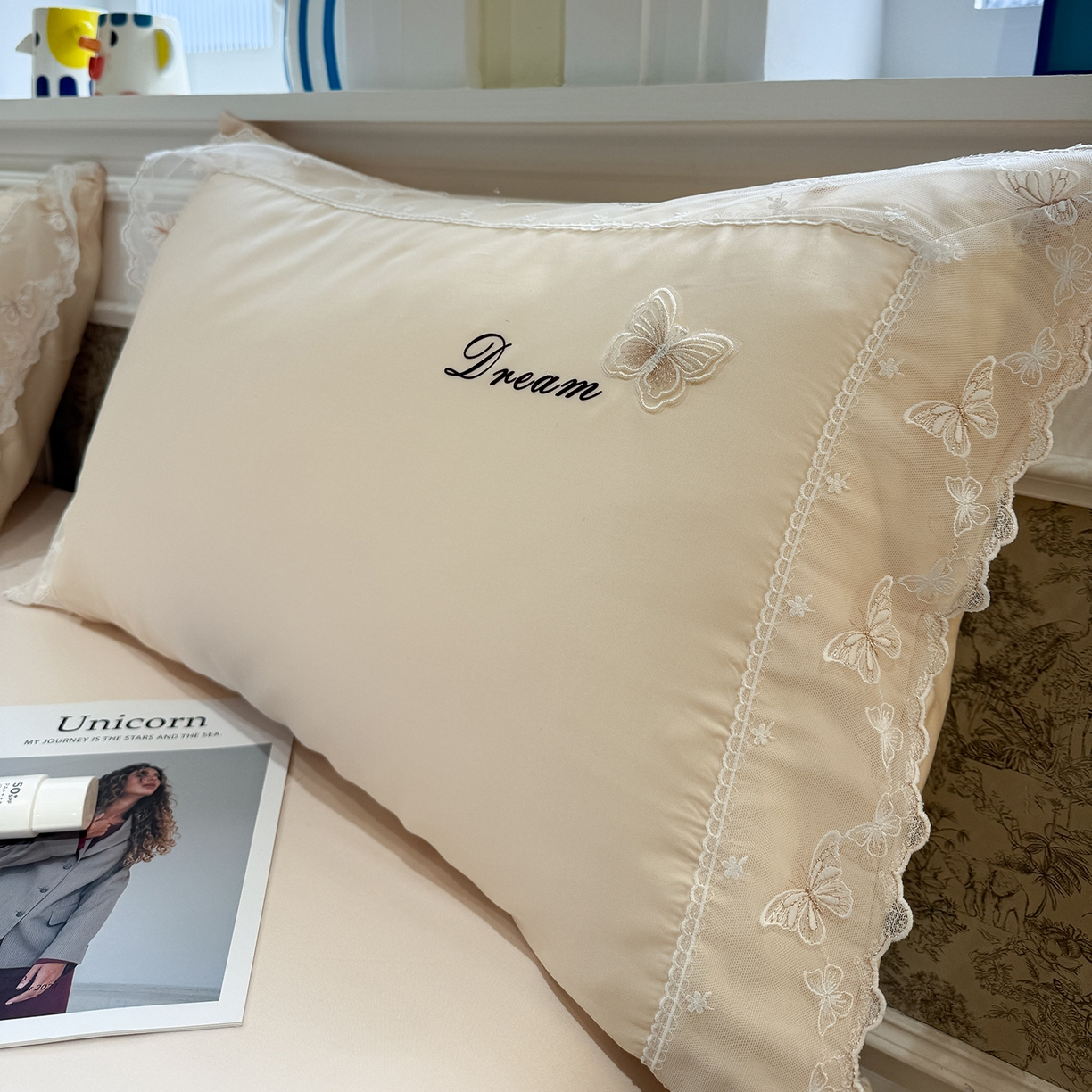 91家纺网 家纺一手货源 找家纺 繁花家居 2026春夏新款冰丝蝴蝶系列凉感蕾丝花边公主风四件套-浅夏 浅夏-香槟