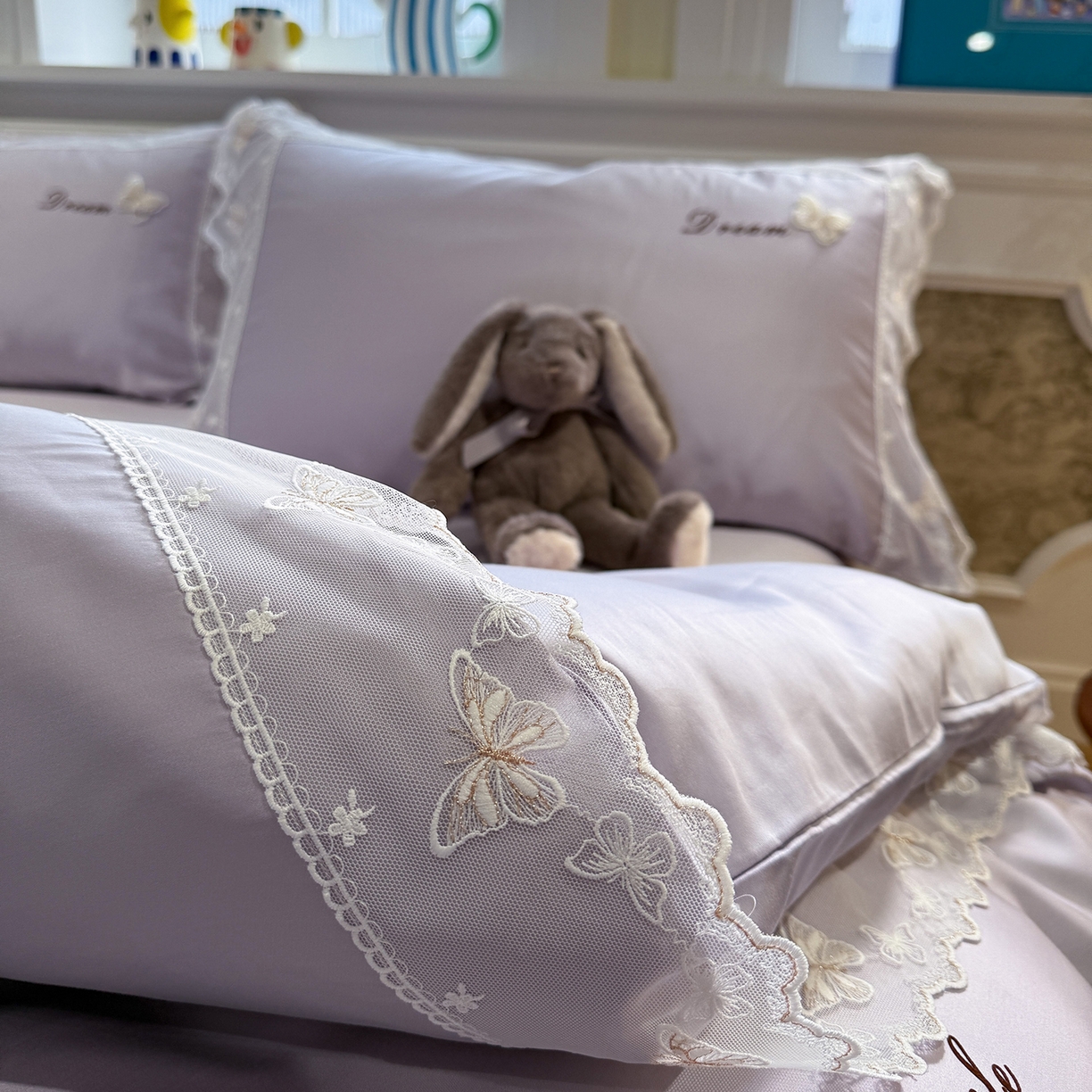 91家纺网 家纺一手货源 找家纺 繁花家居 2026春夏新款冰丝蝴蝶系列凉感蕾丝花边公主风四件套-浅夏 浅夏-紫