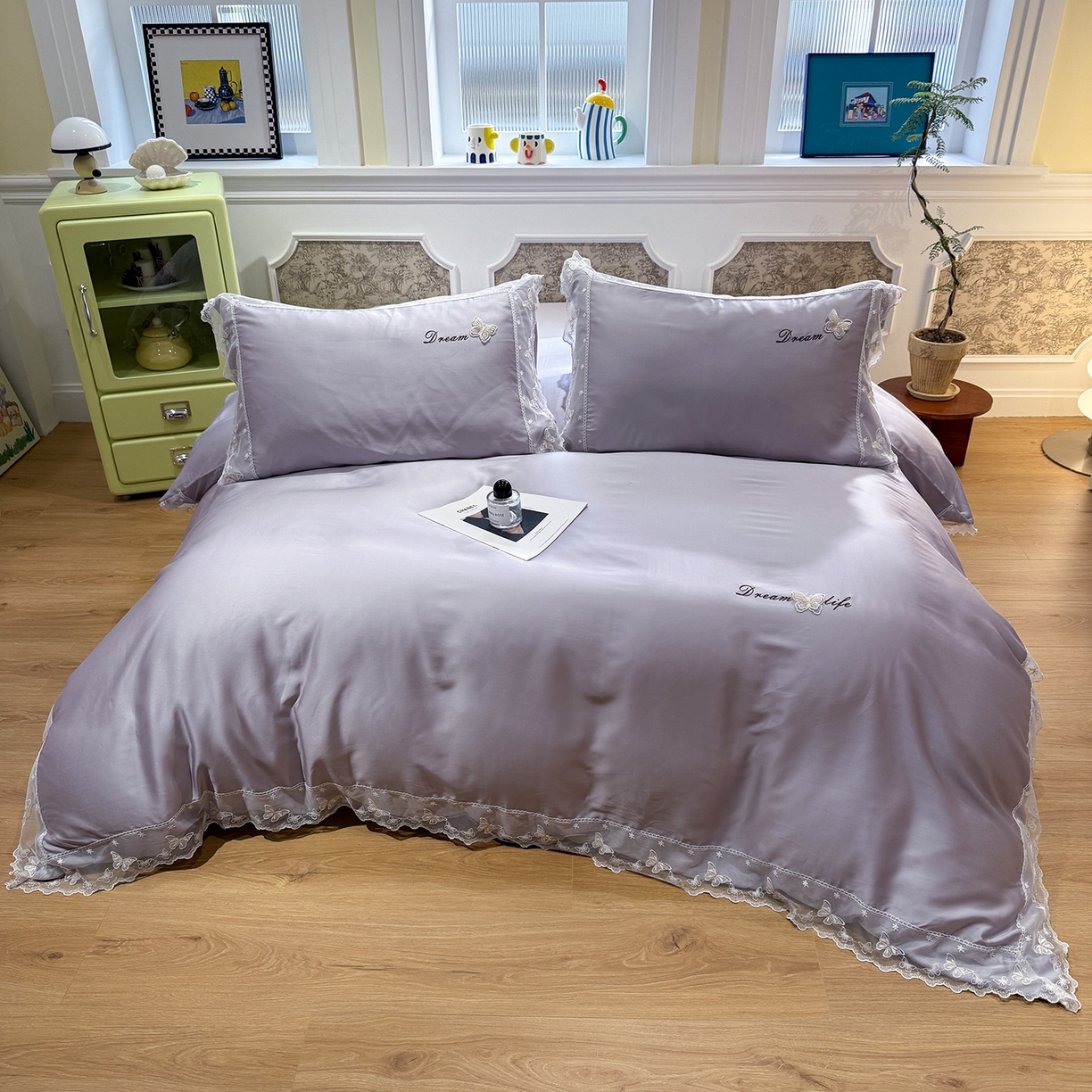 91家纺网 家纺一手货源 找家纺 繁花家居 2026春夏新款冰丝蝴蝶系列凉感蕾丝花边公主风四件套-浅夏 浅夏-紫